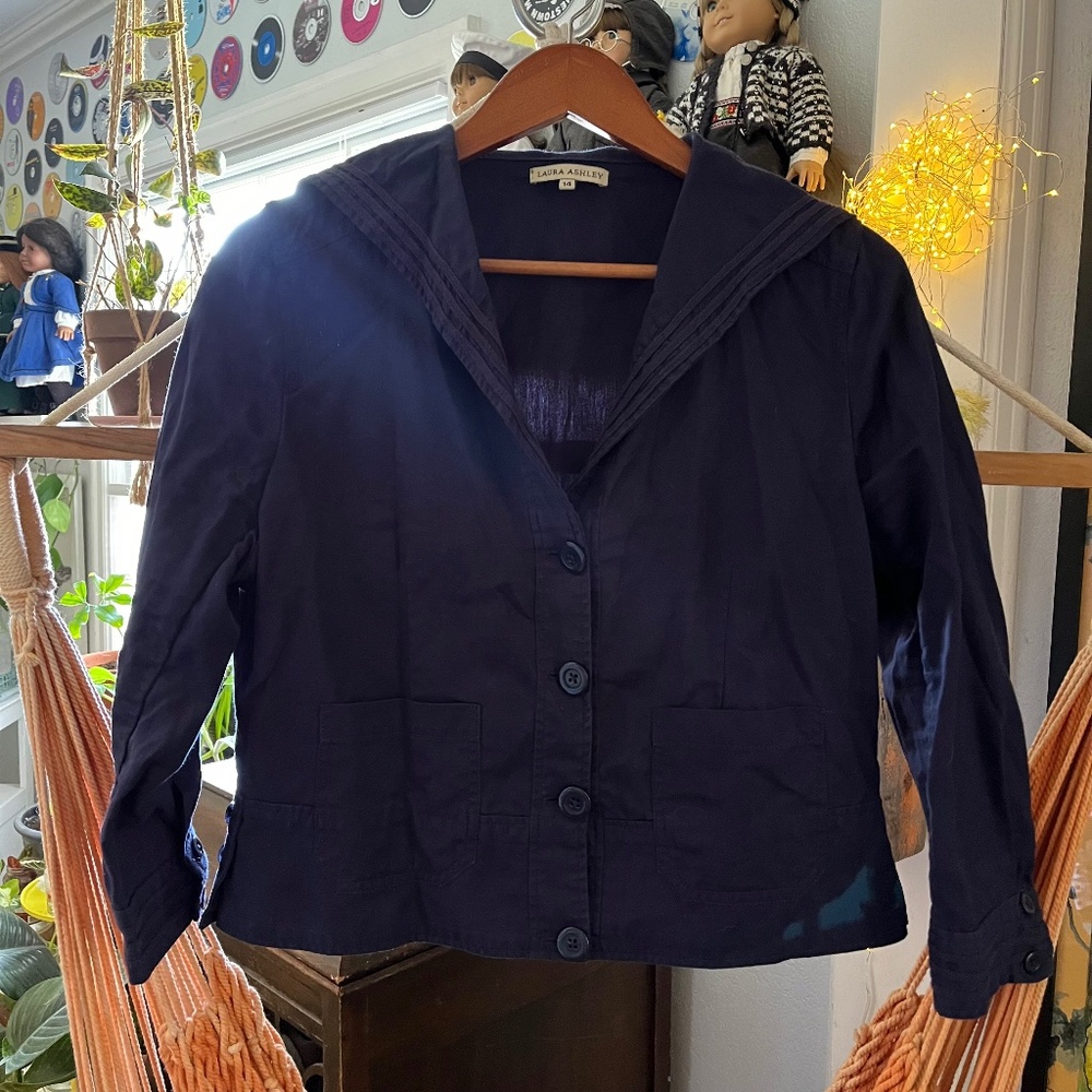 Laura Ashley Cropped Navy Sailor Jacket Size 14 Cotton/Linen
